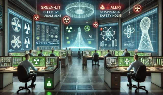 DALL·E 2024-12-16 23.48.58 - A detailed conceptual illustration of AI and nuclear command integration, emphasizing safety measures and risks. The scene features a control room wit