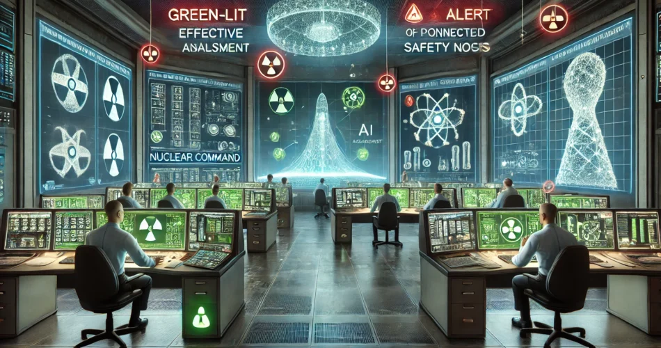DALL·E 2024-12-16 23.48.58 - A detailed conceptual illustration of AI and nuclear command integration, emphasizing safety measures and risks. The scene features a control room wit